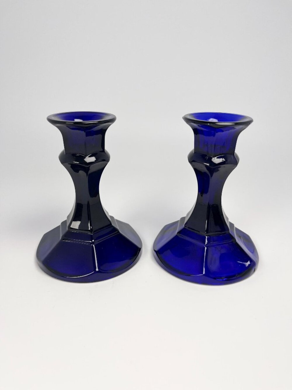 Set of vintage colbalt blue glass tapered candlestick holders
